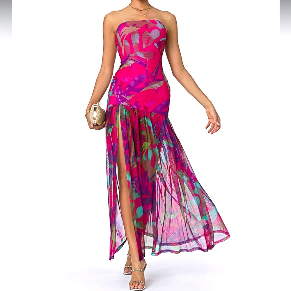 Macy’s Ladies, Elegant Pink Floral Strapless Dress Size 14 NEW